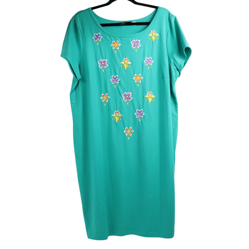 Bob Mackie Wearable Art Teal Floral Dress Embroidered Short Sleeve XL New w Tags